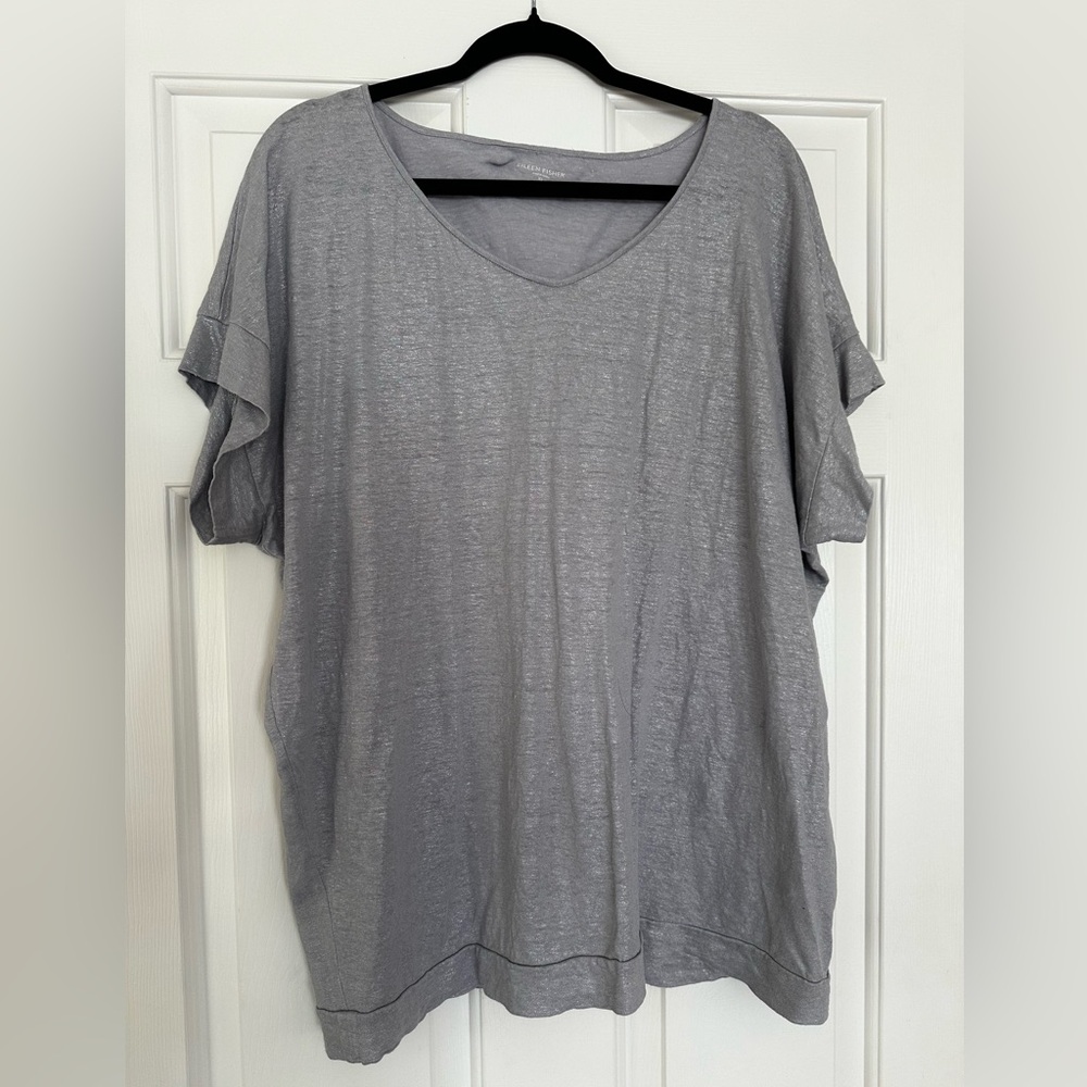 Eileen Fisher XL linen silver with a sheen slight V neckline.